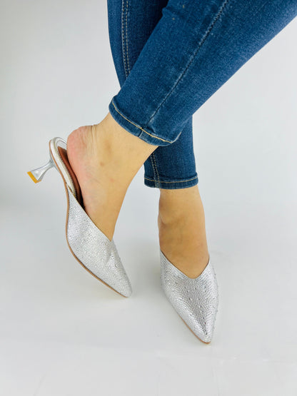 Spunkz Silver Shiny Crystal Stones Pointed Toe Mules