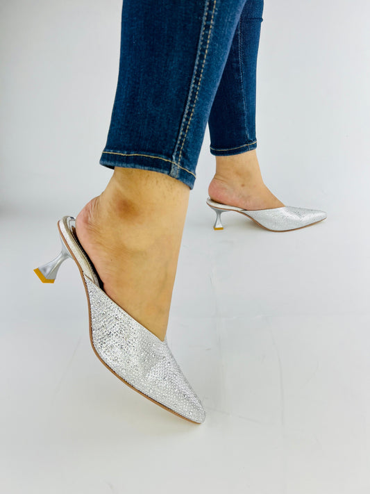 Spunkz Silver Shiny Crystal Stones Pointed Toe Mules-11039