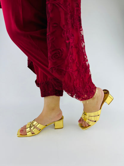 Spunkz Gold Snake Block Heel Sandals