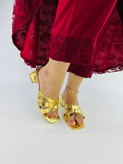 Spunkz Gold Snake Block Heel Sandals