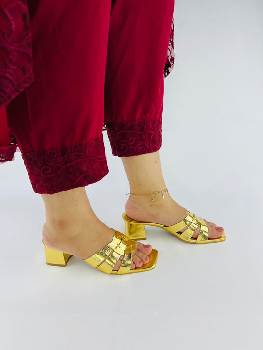 Spunkz Gold Snake Block Heel Sandals