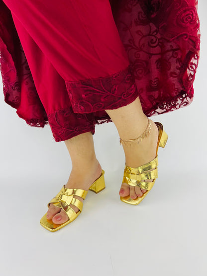 Spunkz Gold Snake Block Heel Sandals