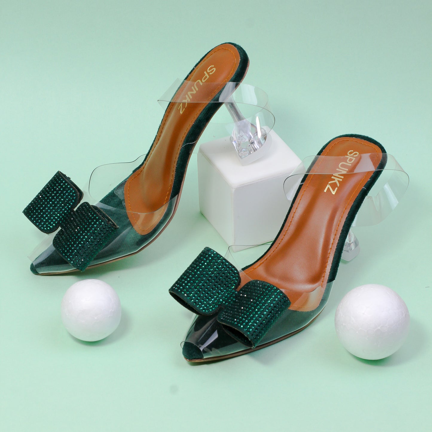 Green Romeo Crystal Bow Transparent Cinderella Heels - Spunkz