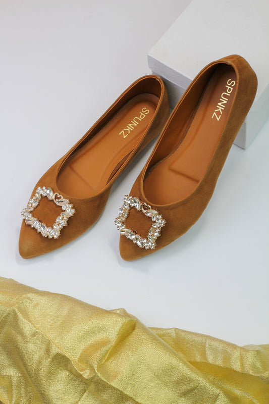Myla Light Brown Pointed Shape Suede Flat Pumps with Metal Brooch