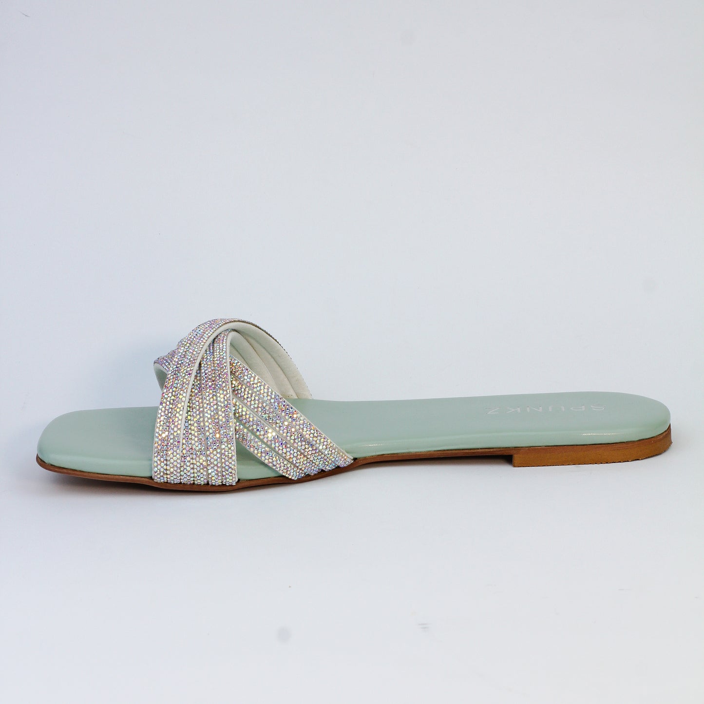 Diana Sea Green Shiny Embellished Flat Slide Sandals
