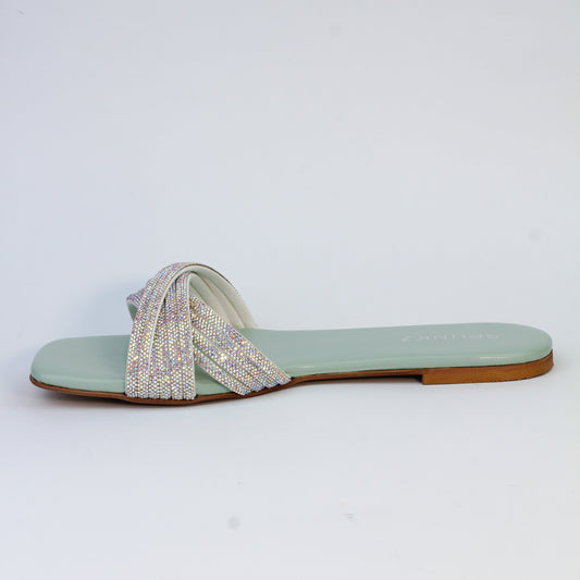 Diana Sea Green Shiny Embellished Flat Slide Sandals - Spunkz