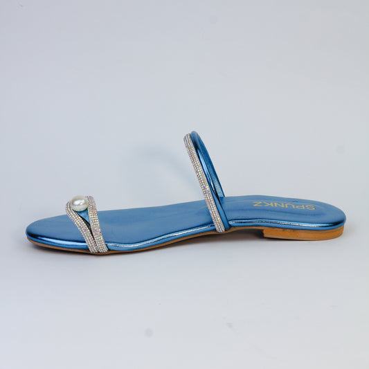 Parisa Metallic Blue Toe Ring Pearl Flats - Spunkz
