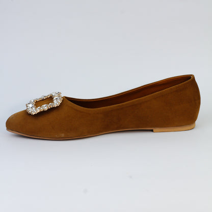 Myla Light Brown Pointed Shape Suede Flat Pumps with Metal Brooch