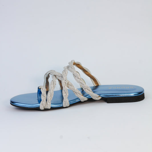 Sini Blue Twisted Rhinestone Embellished Straps Flats - Spunkz