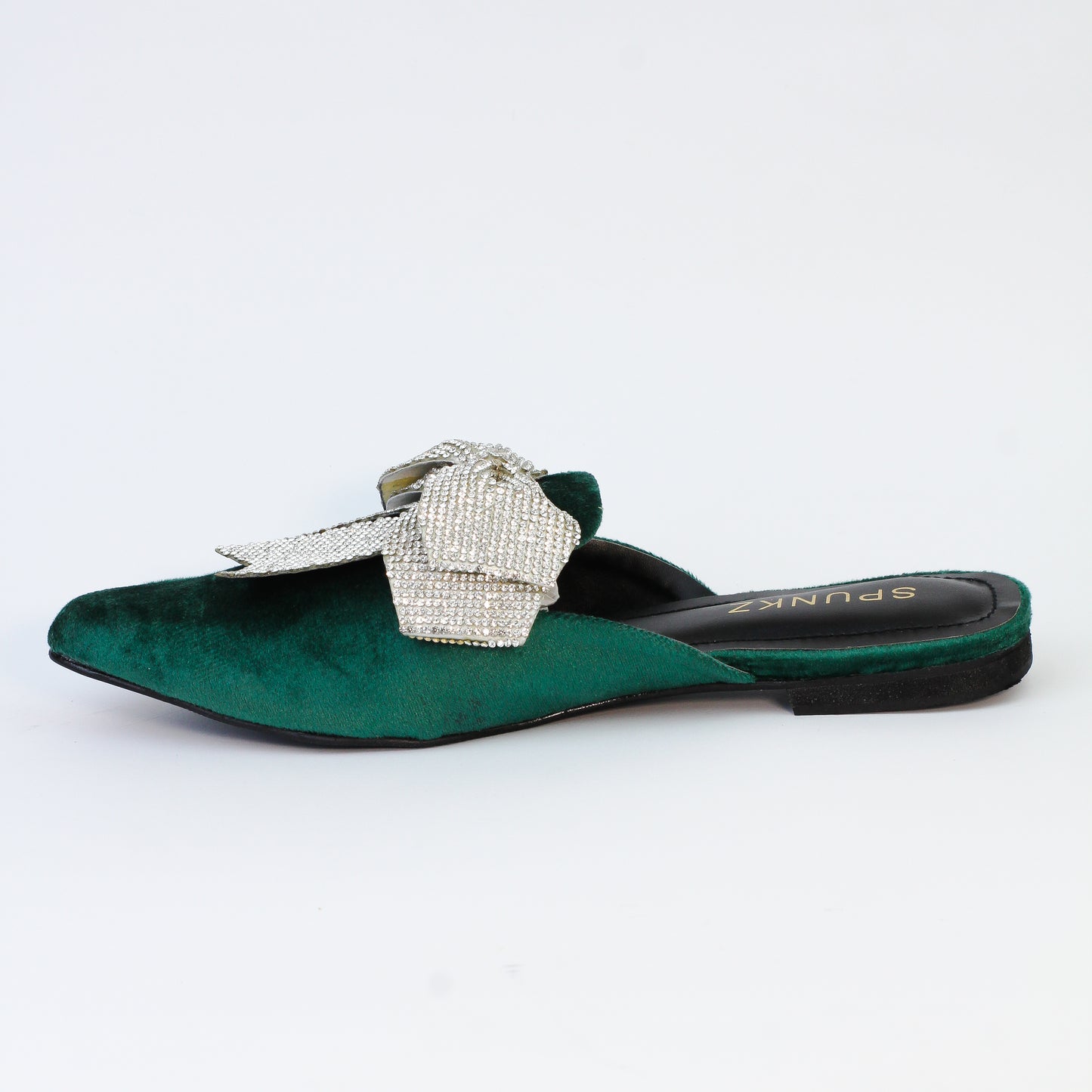 Annabel Green Rhinestone Suede Bow Mules - Spunkz