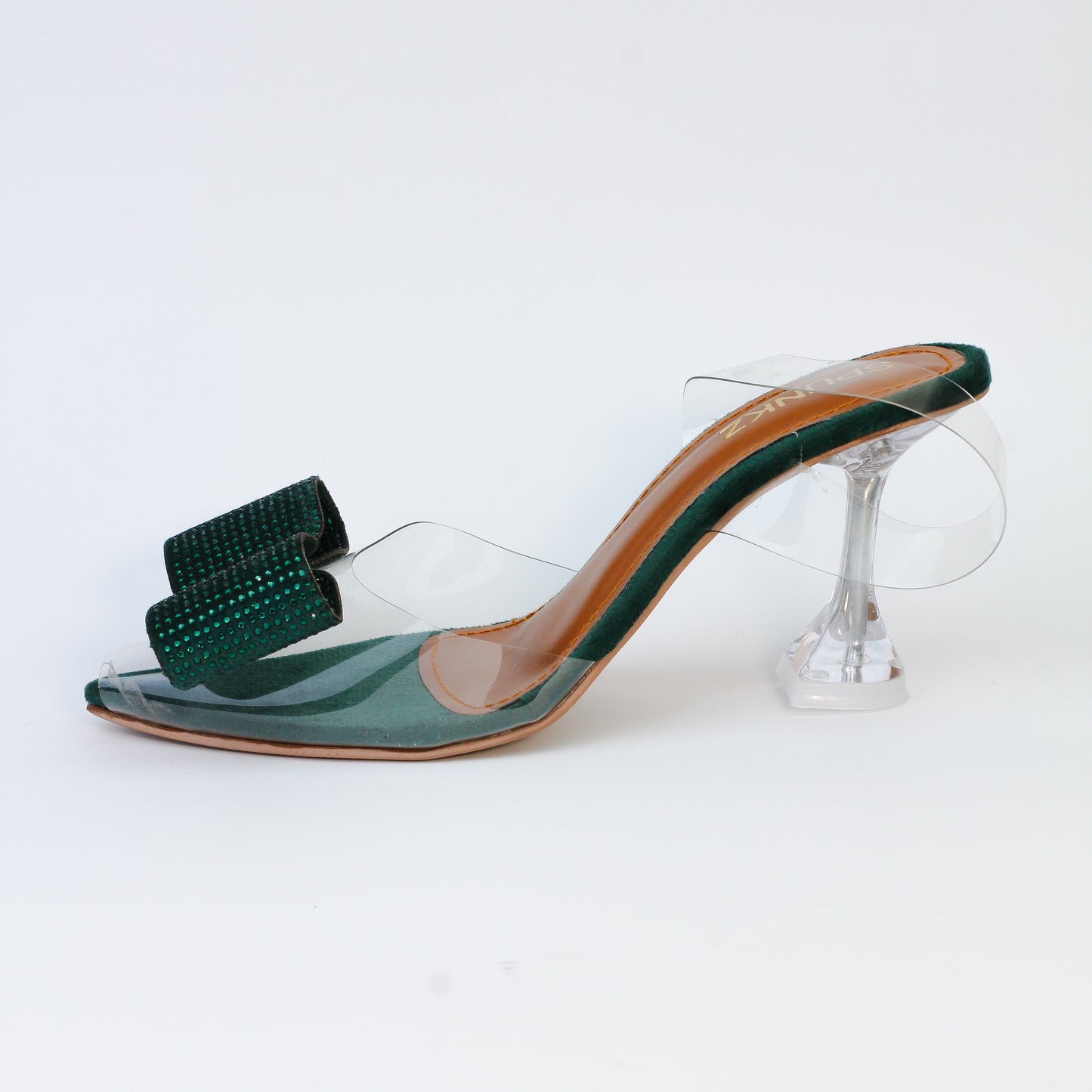 Green Romeo Crystal Bow Transparent Cinderella Heels - Spunkz