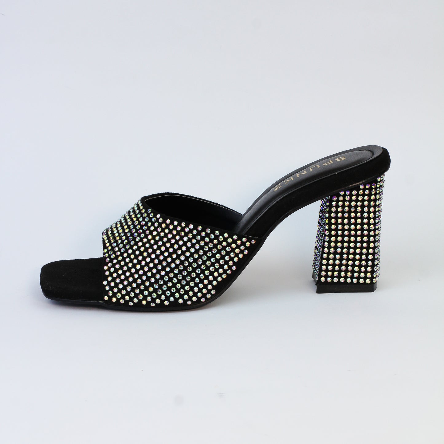 Anja Black Suede Crystal Embellished High Block Heel