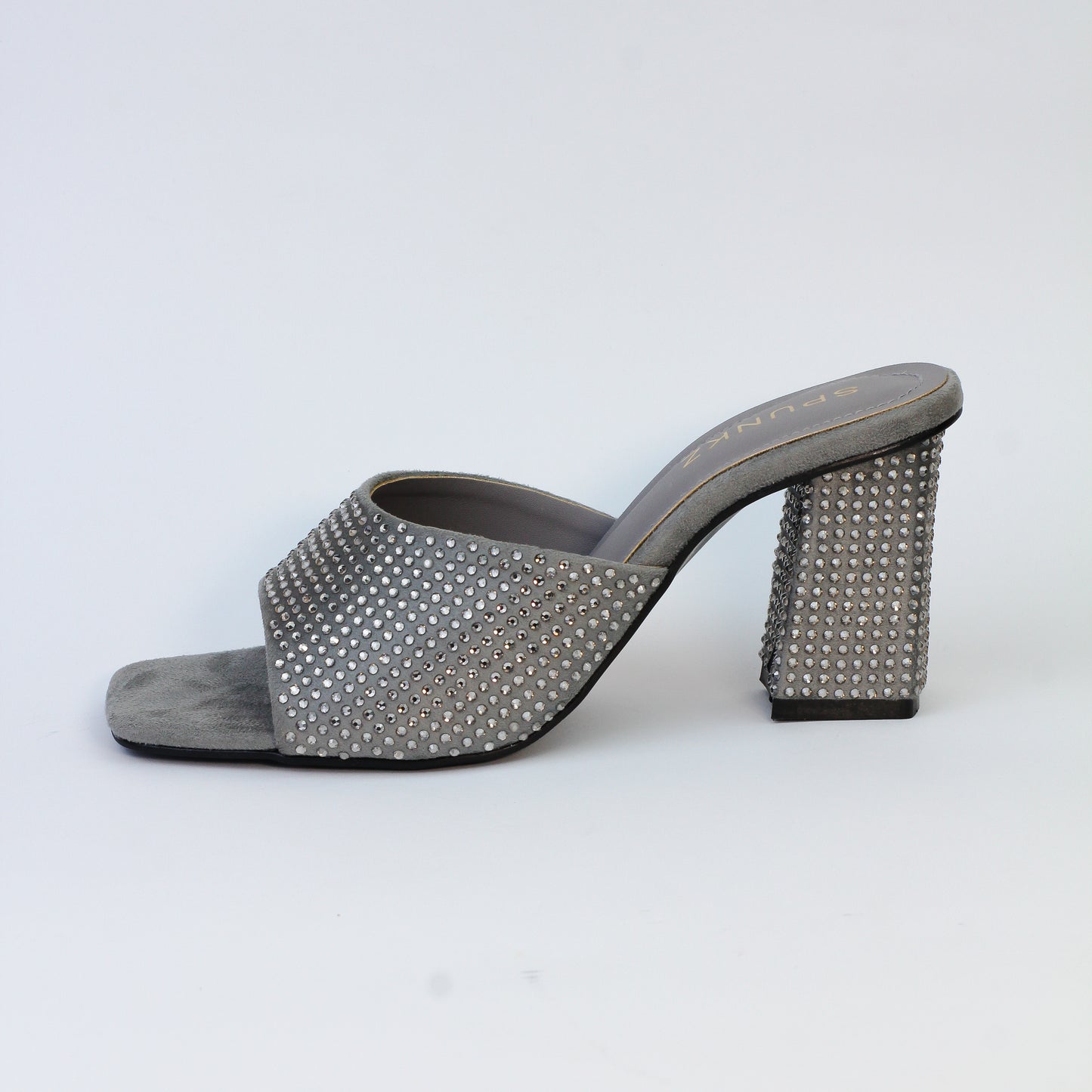 Spunkz Anja Grey Open Toe Crystal Studded High Heeled Mules