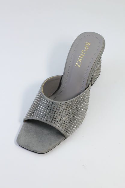 Spunkz Anja Grey Open Toe Crystal Studded High Heeled Mules