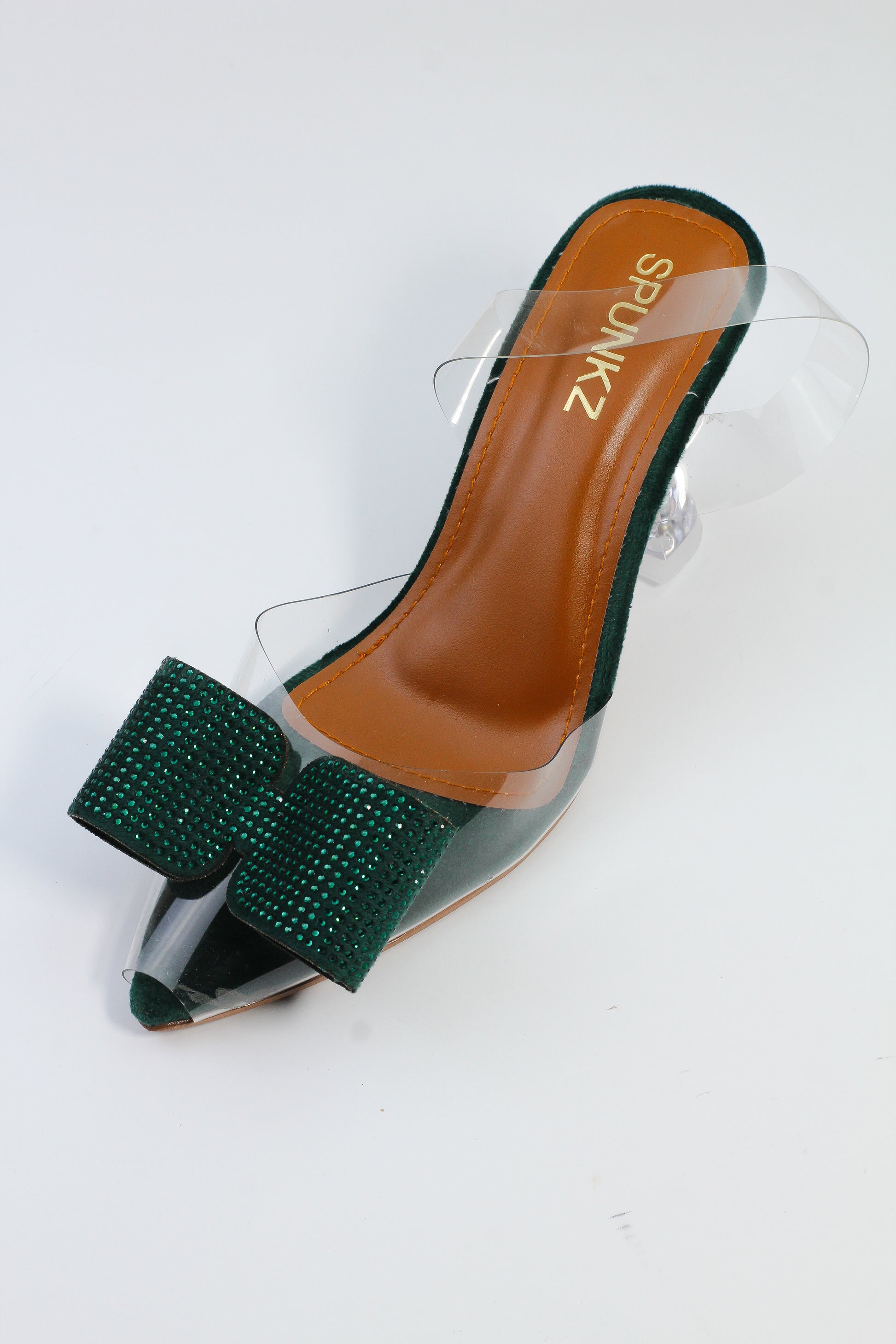 Green Romeo Crystal Bow Transparent Cinderella Heels - Spunkz