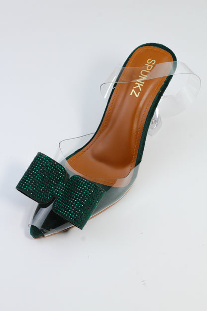 Green Romeo Crystal Bow Transparent Cinderella Heels