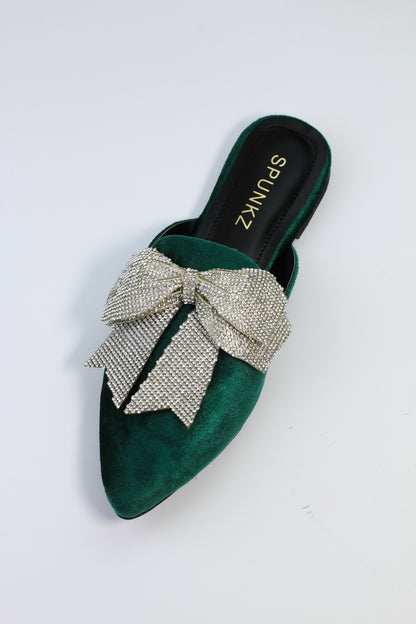 Annabel Green Rhinestone Suede Bow Mules - Spunkz