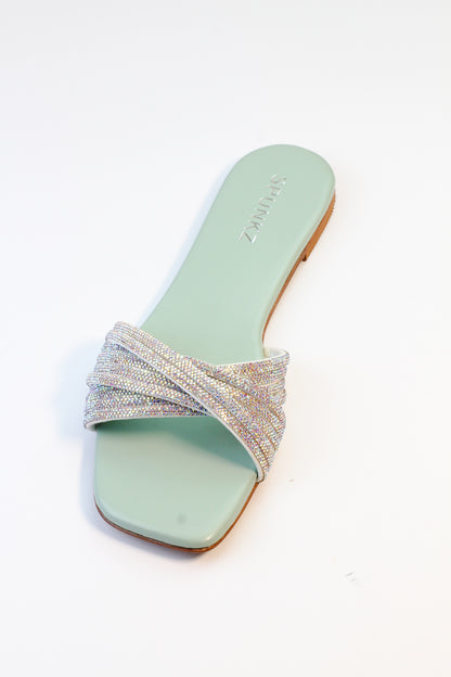 Diana Sea Green Shiny Embellished Flat Slide Sandals