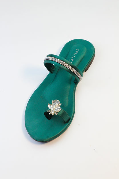 Charyl Green Toe Ring Rhinestone Bee Flats - Spunkz