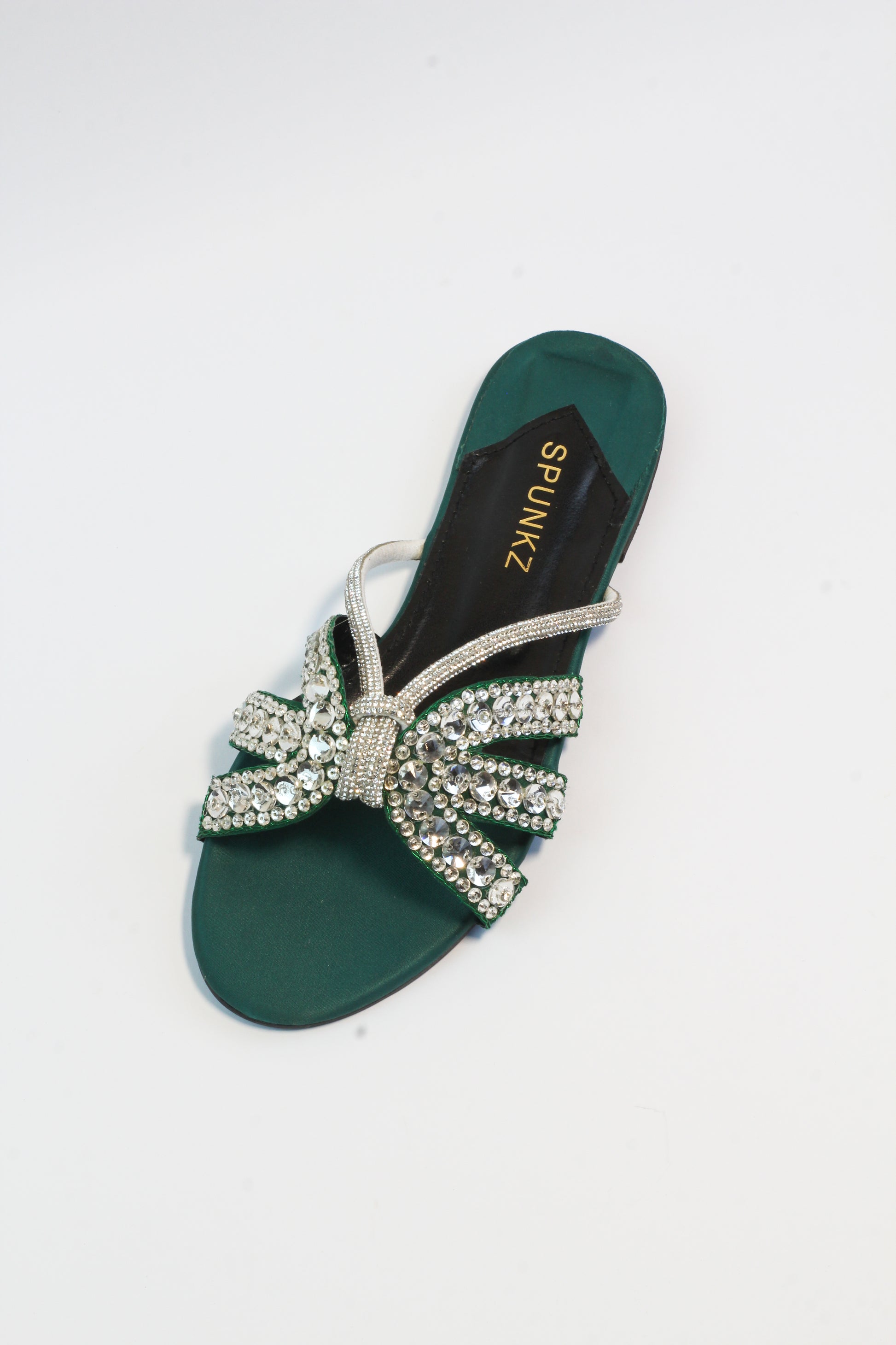 Beryl Sequin Decor Crystal Embellished Green Flat Slides - Spunkz