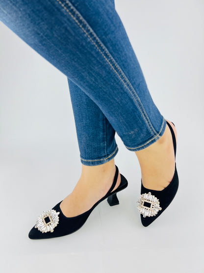 Camelia Black Velvet Slingback Heels