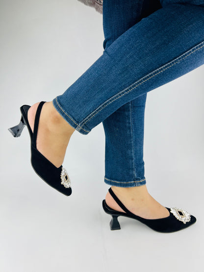 Camelia Black Velvet Slingback Heels