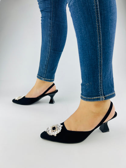 Camelia Black Velvet Slingback Heels