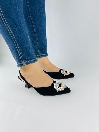 Camelia Black Velvet Slingback Heels