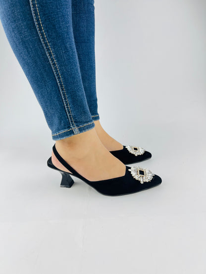 Camelia Black Velvet Slingback Heels