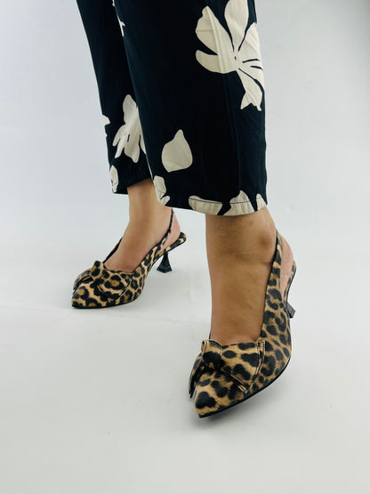 Spunkz Brown Leopard Bow Leather Kitten Heel Slingback Shoes