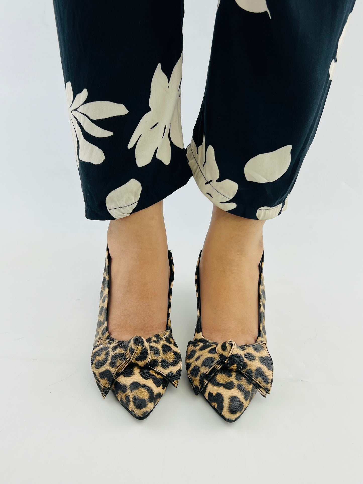 Spunkz Brown Leopard Bow Leather Kitten Heel Slingback Shoes