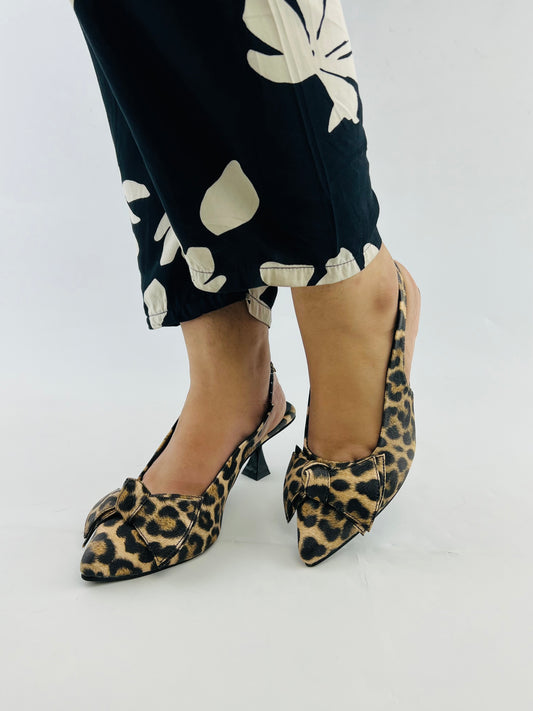 Spunkz Brown Leopard Bow Leather Kitten Heel Slingback Shoes