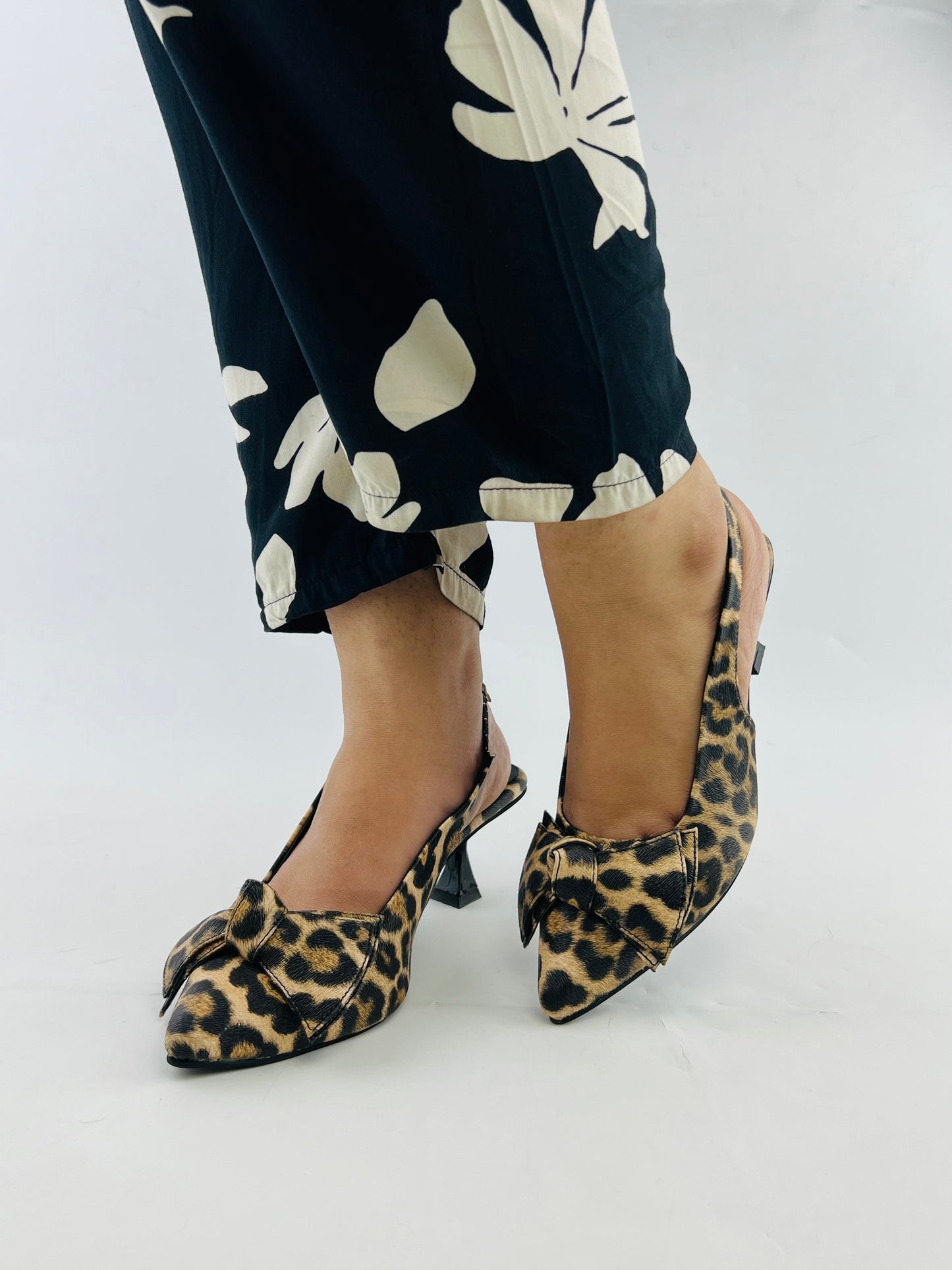 Spunkz Brown Leopard Bow Leather Kitten Heel Slingback Shoes