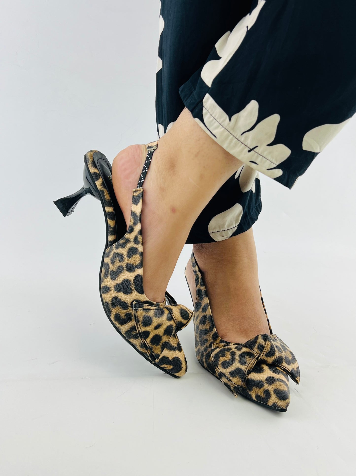 Spunkz Brown Leopard Bow Leather Kitten Heel Slingback Shoes