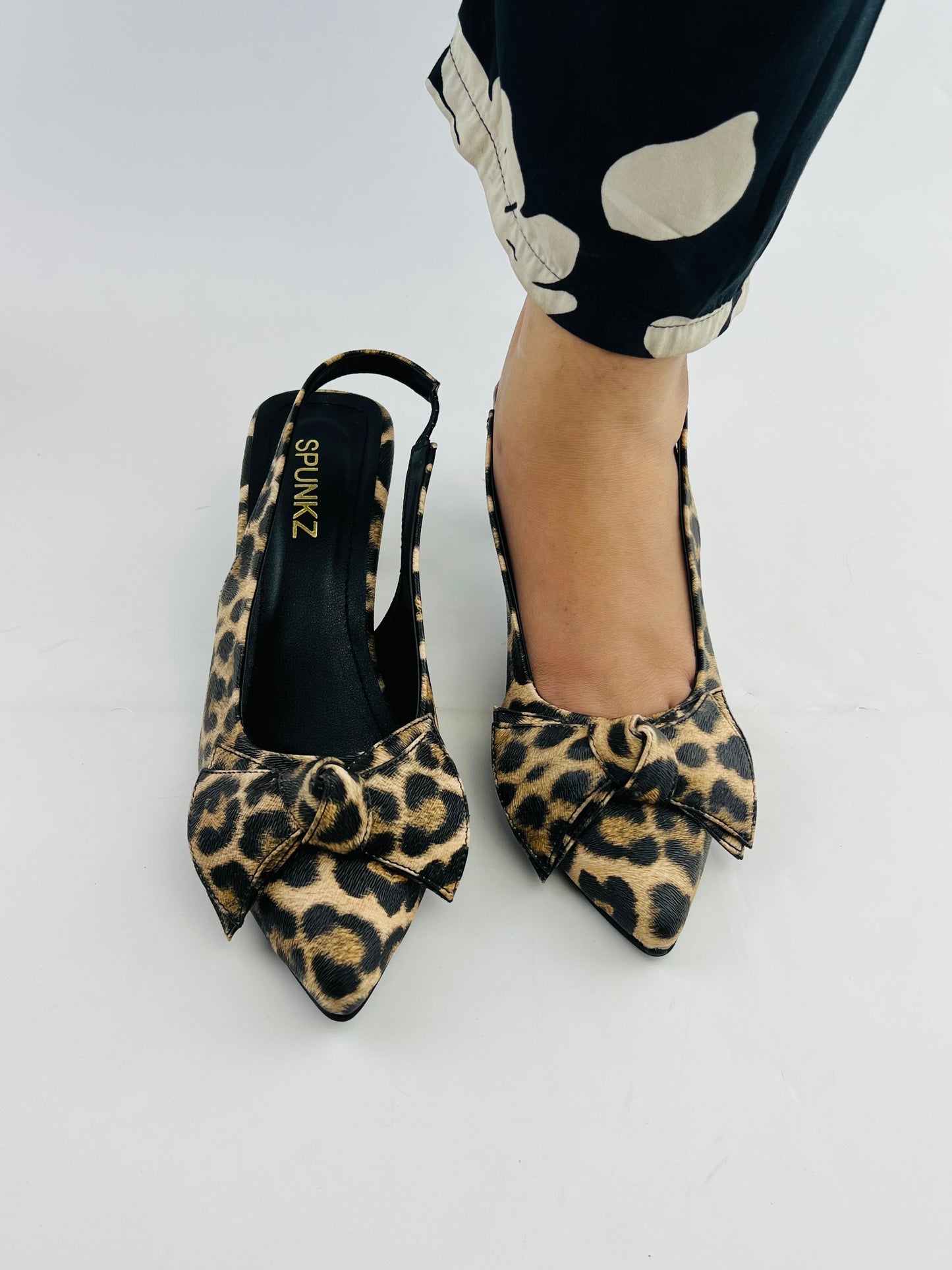 Spunkz Brown Leopard Bow Leather Kitten Heel Slingback Shoes