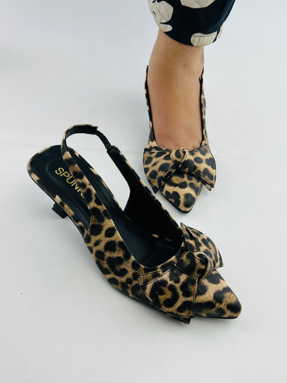 Spunkz Brown Leopard Bow Leather Kitten Heel Slingback Shoes