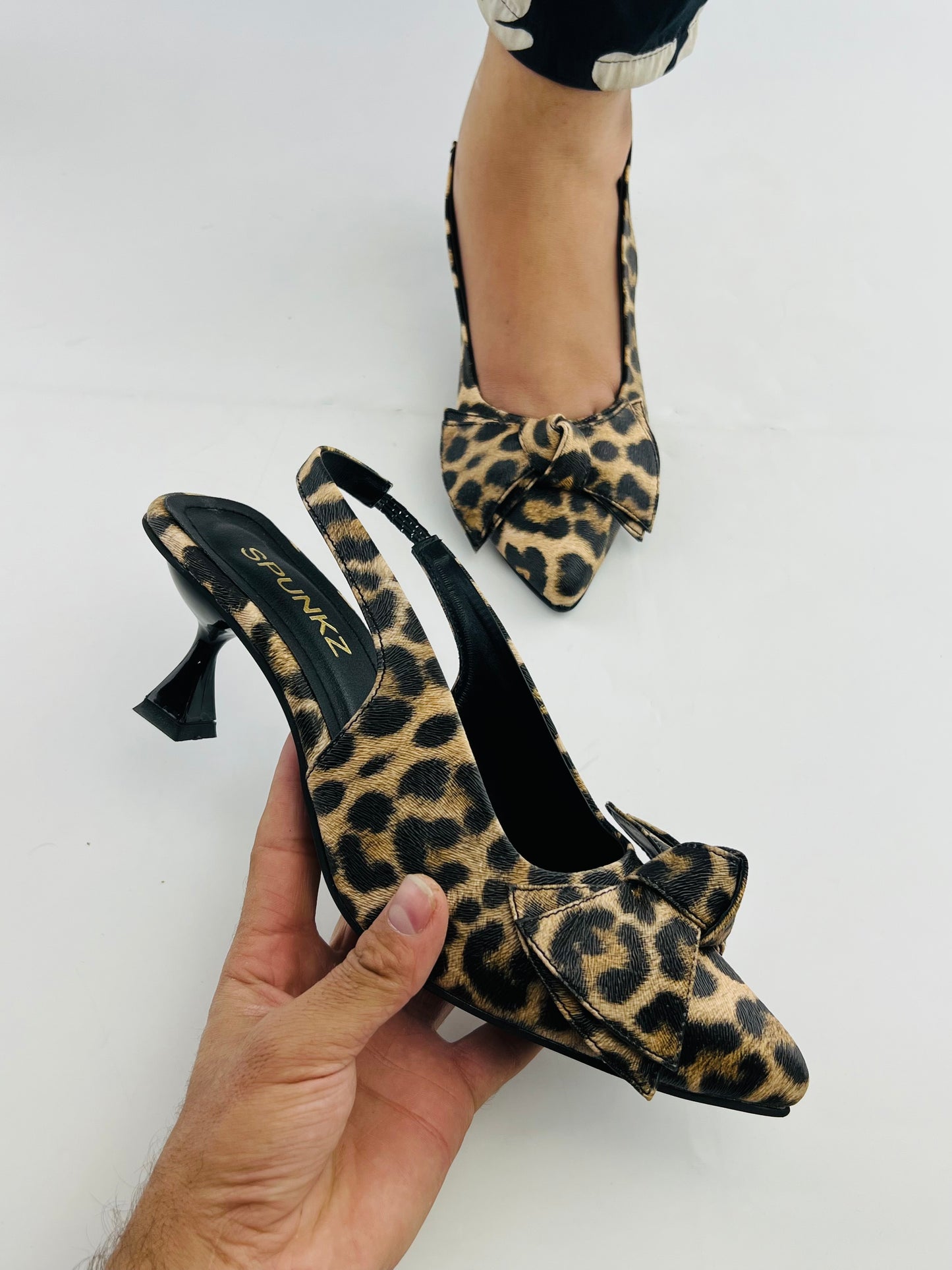 Spunkz Brown Leopard Bow Leather Kitten Heel Slingback Shoes