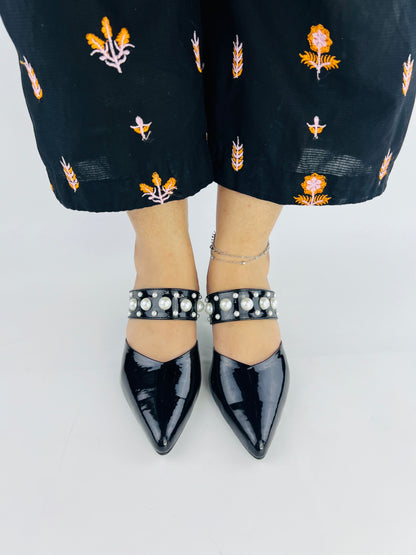 Spunkz Shiny Black Pearls Decor Pointed Toe Open Back Mules