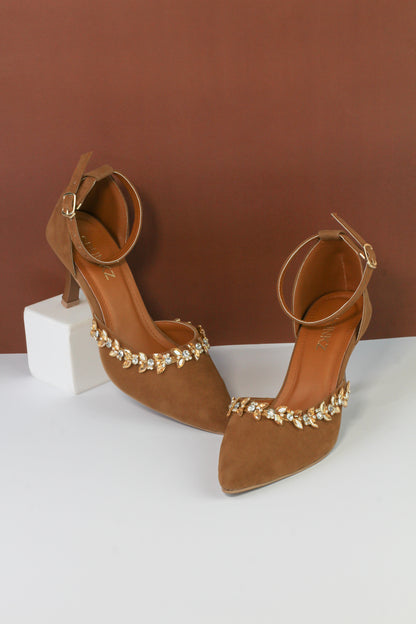 Brown Petal Flowers Studded Ankle Strap leather Heels - Spunkz