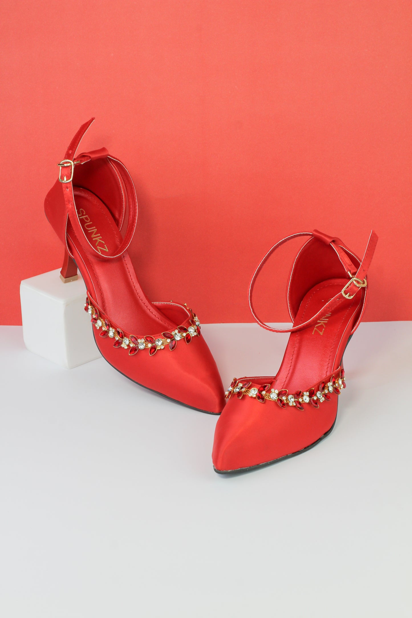 Red Petal Crystal Flowers Studded Pointed Toe Satin Heels - Spunkz