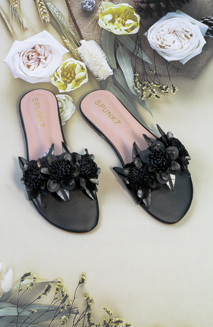 Lilico floral embellishments black sleek slide sandals