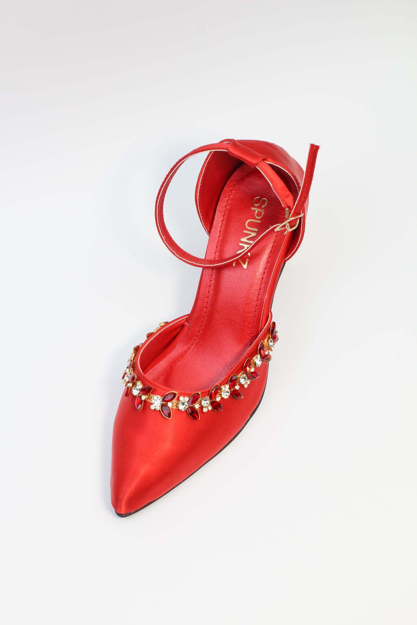 Red Petal Crystal Flowers Studded Pointed Toe Satin Heels - Spunkz