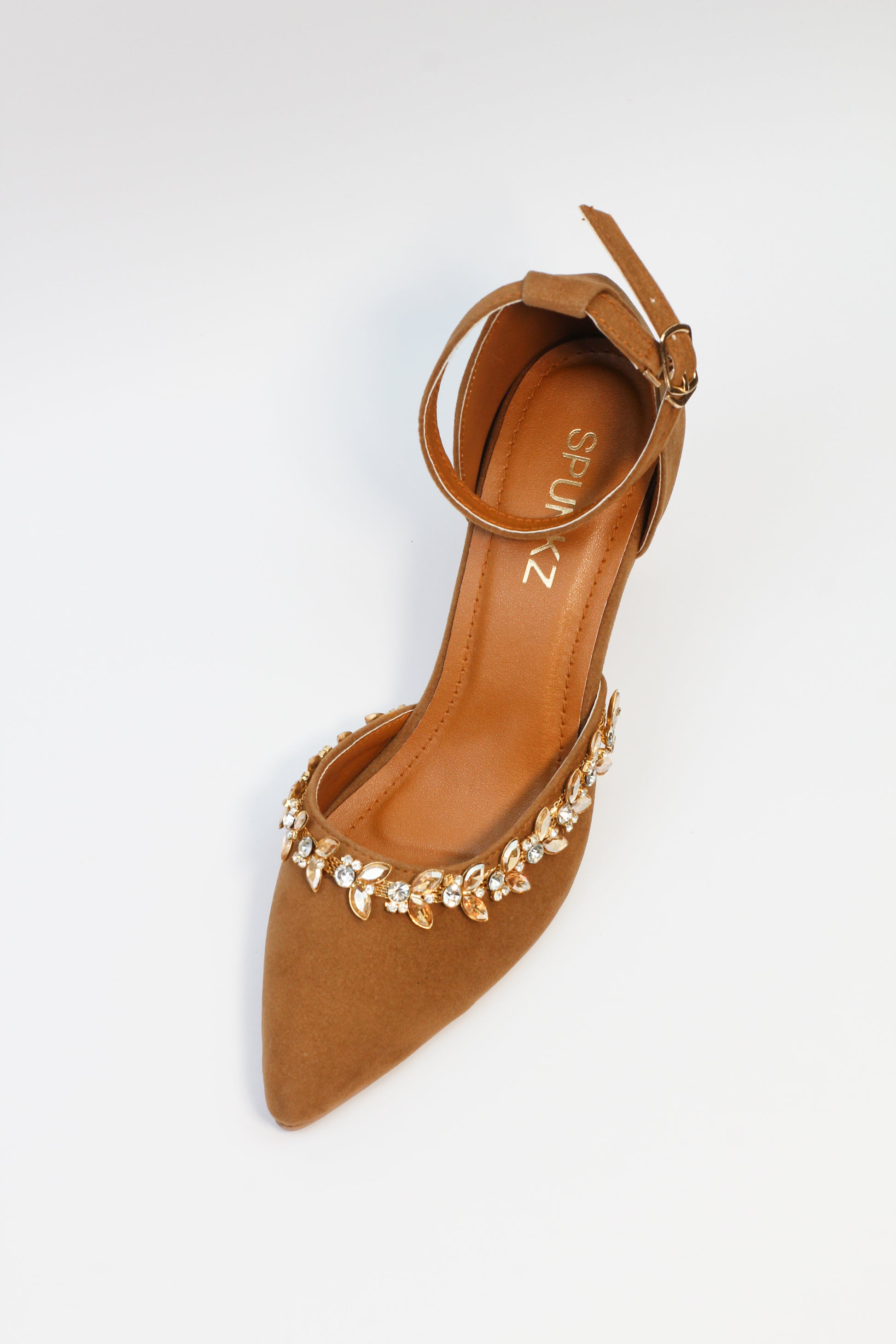 Brown Petal Flowers Studded Ankle Strap leather Heels - Spunkz