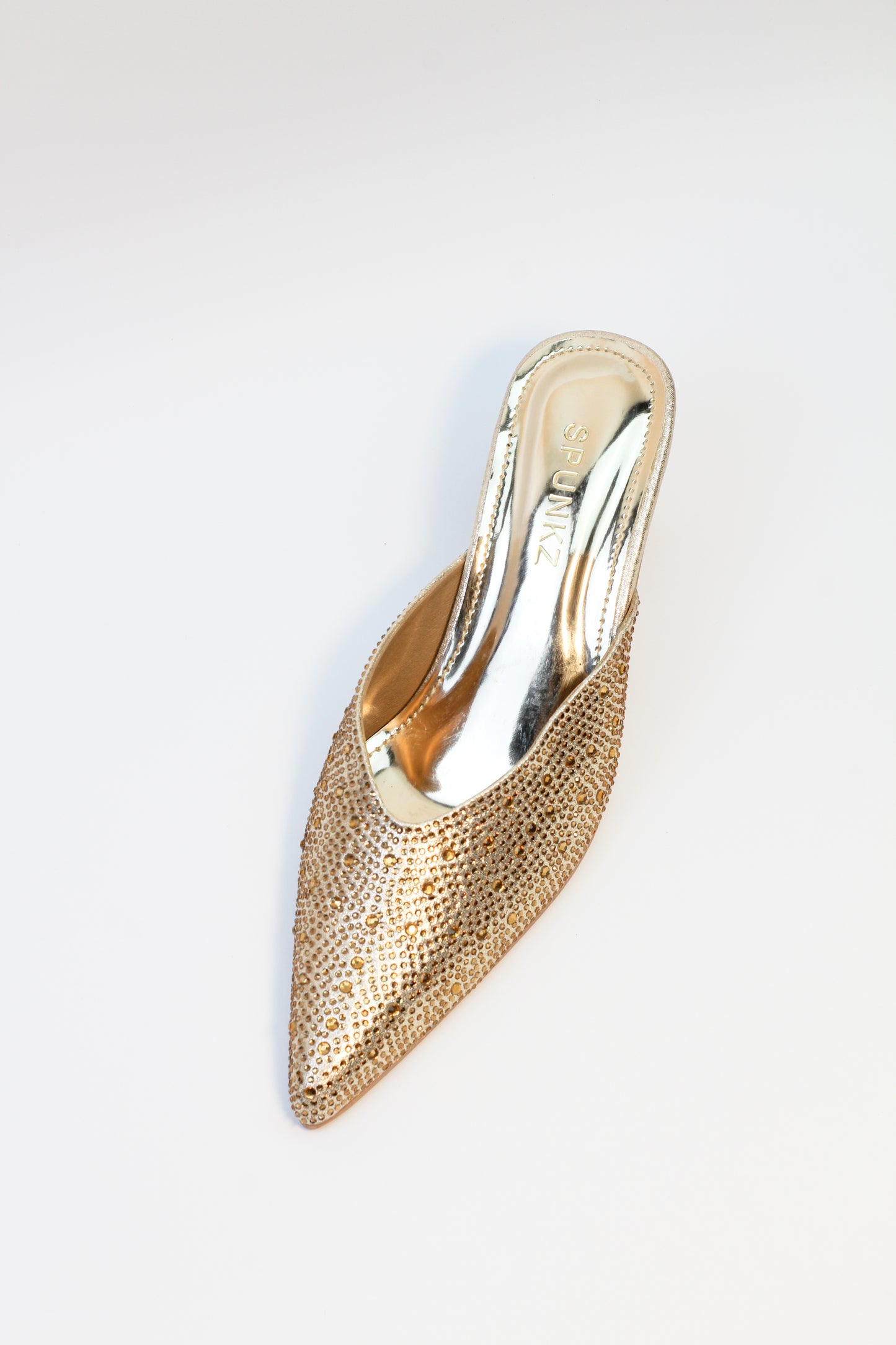 Crystal Sequins Gold Embellished Pointed Shallow Diamond Suede Mules - Spunkz