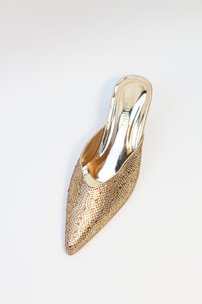 Crystal Sequins Gold Embellished Pointed Shallow Diamond Suede Mules - Spunkz