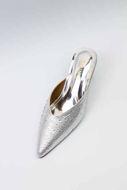 Spunkz Silver Shiny Crystal Stones Pointed Toe Mules - Spunkz