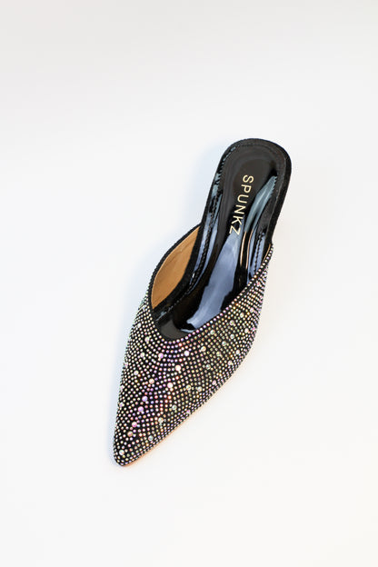 Black Diamond Rhinestone Decor Mules - Spunkz