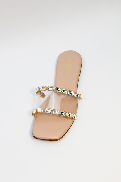 Chameli Pink Clear Vinyl Diamontee Embellished Studded Flat Slide - Spunkz