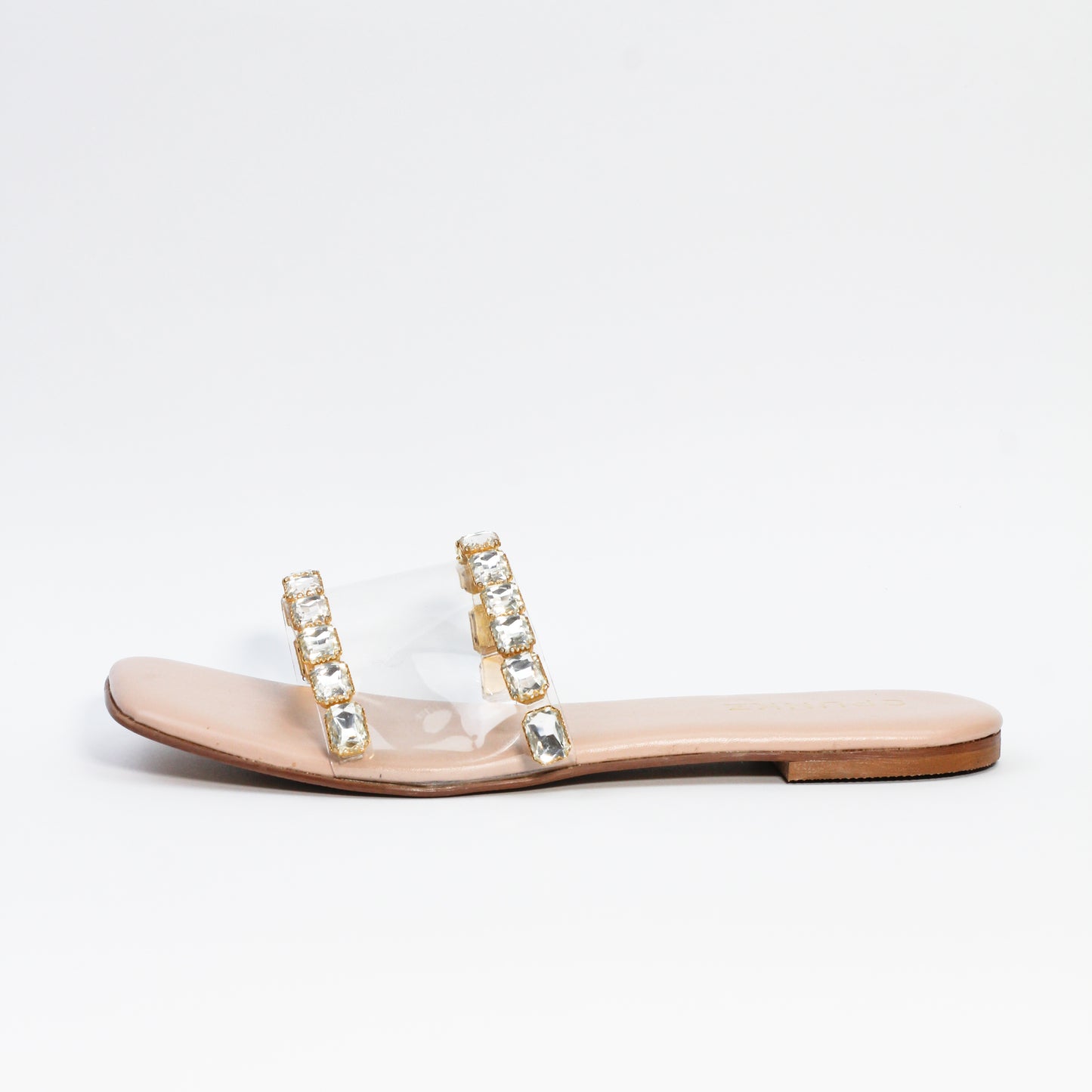 Chameli Pink Clear Vinyl Diamontee Embellished Studded Flat Slide - Spunkz