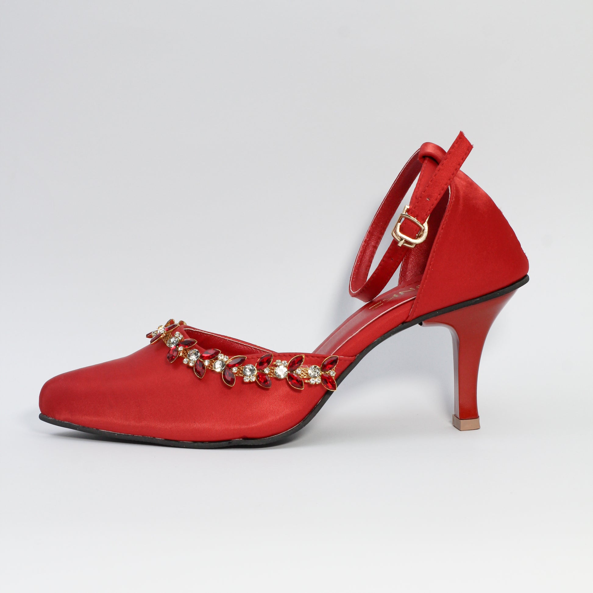 Red Petal Crystal Flowers Studded Pointed Toe Satin Heels - Spunkz